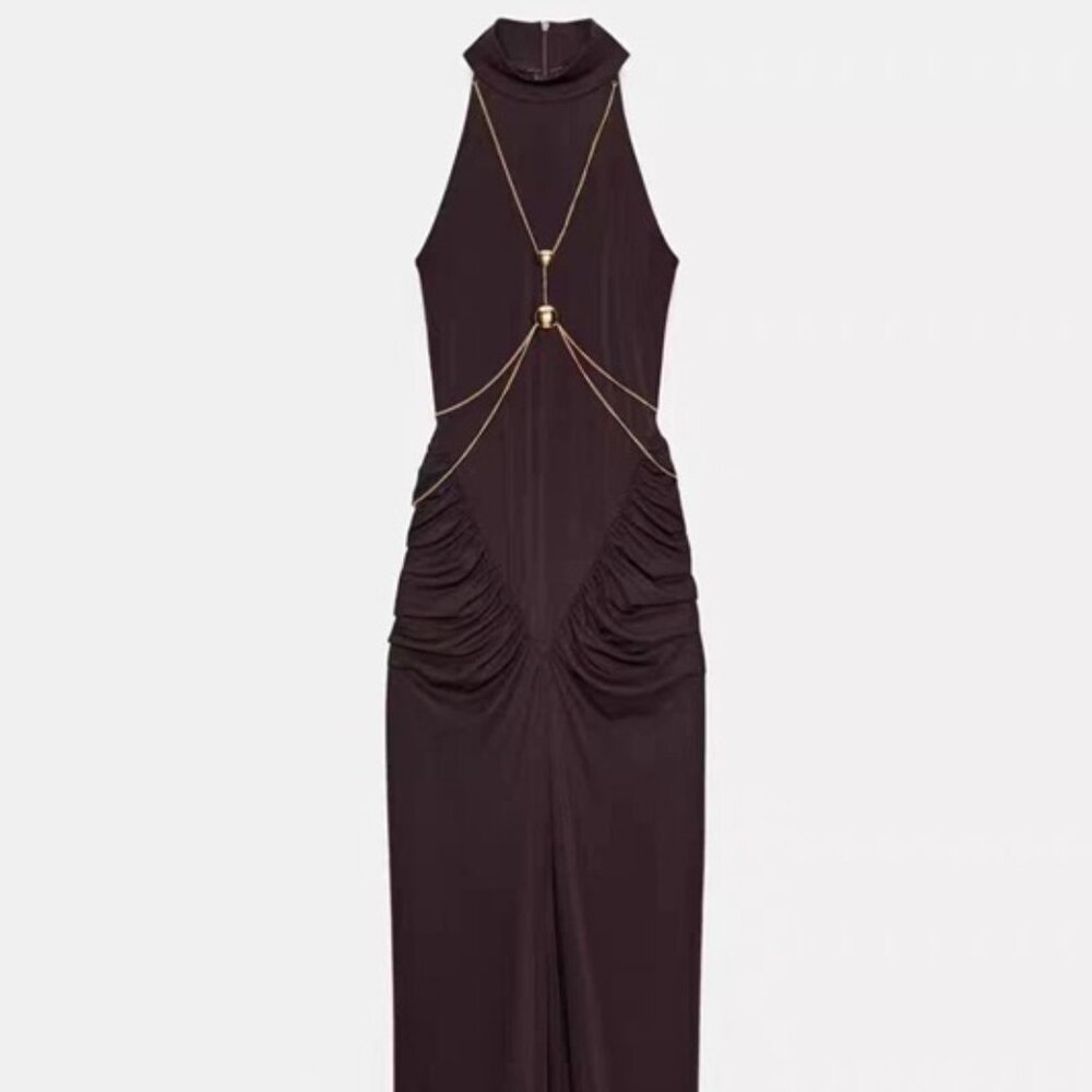 ZARA WOMAN LONG CHAIN HALTER DRESS DARK BROWN Small 5039/232/716